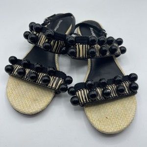 Mara & Mine Shoes Size 7 Tan‎ Flat Sandals Black Beaded Embellished